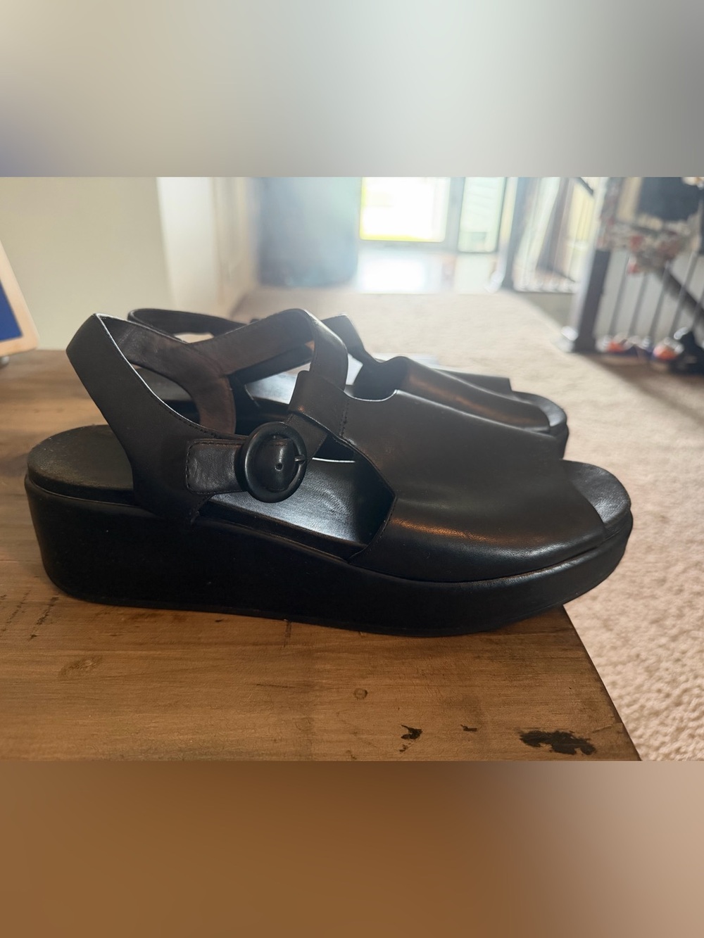 Camper black leather wedge sandals